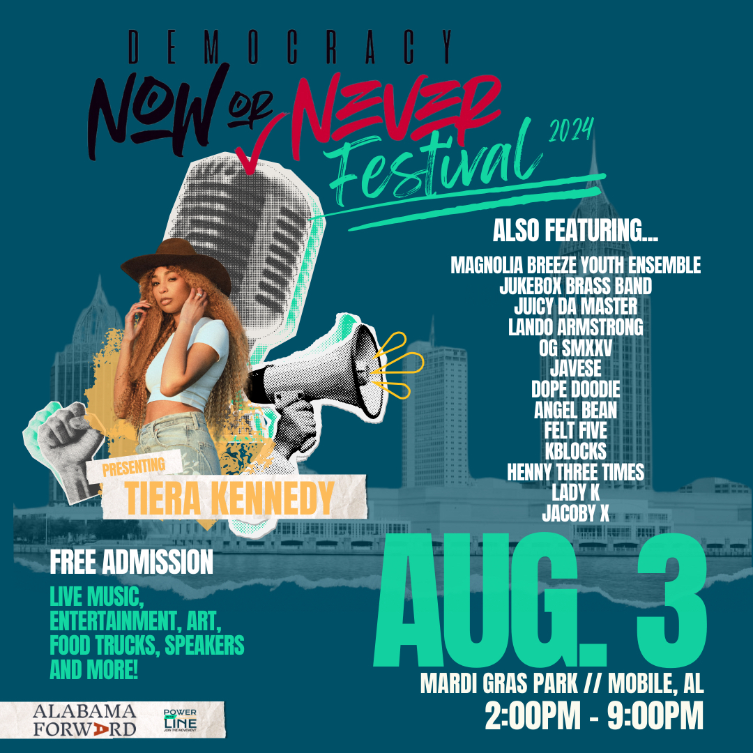 LINEUP ANNOUNCEMENT!! Tiera Kennedy will be performing August 3rd at the Democracy Now or Never Festival! You don't want to miss this performance at Mardi Gras Park. Get your free tickets in our bio! #ShaketheFieldAL #DemocracyNoworNever