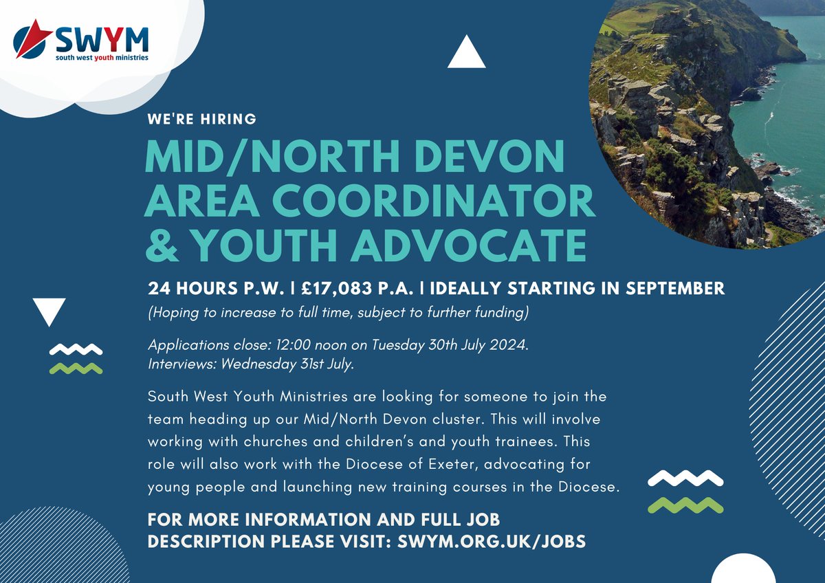 We are looking for someone to join the team heading up our Mid/North Devon cluster, working with the Diocese of Exeter as an advocate for young people and launching new training courses in the Diocese – could it be you? swym.org.uk/jobs/