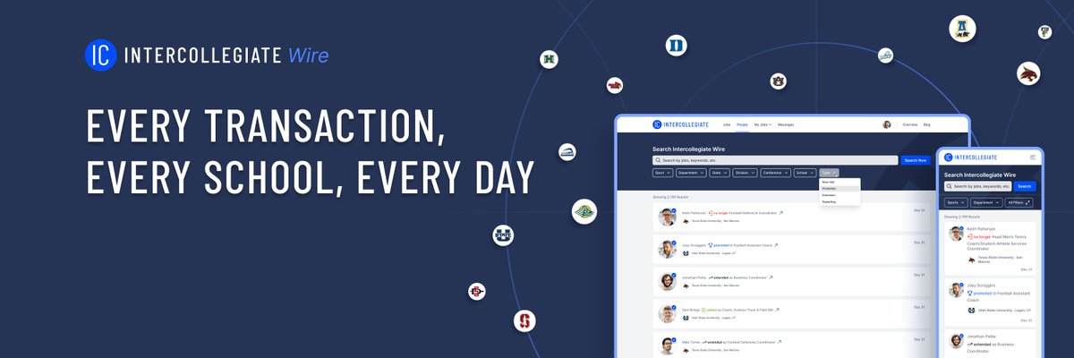 IC_Wire's tweet image. Meet Intercollegiate.co/wire: a daily view of every single employment status change for college athletics personnel 🗞️🏆📈

Until now, there hasn&apos;t been a single, reliable source to track all of the vital employment movements across college athletics.

The Intercollegiate Wire…