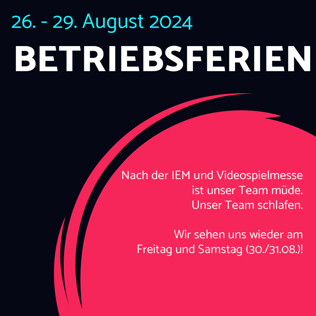 IEM und Messewoche haben uns total ausgepowert, weshalb wir vom 26. bis 29. August geschlossen haben. Wir sehen uns wieder am Wochenende (30.+31.08.)!

#gaming #esports #bar #koeln #cologne #betriebsferien #closed