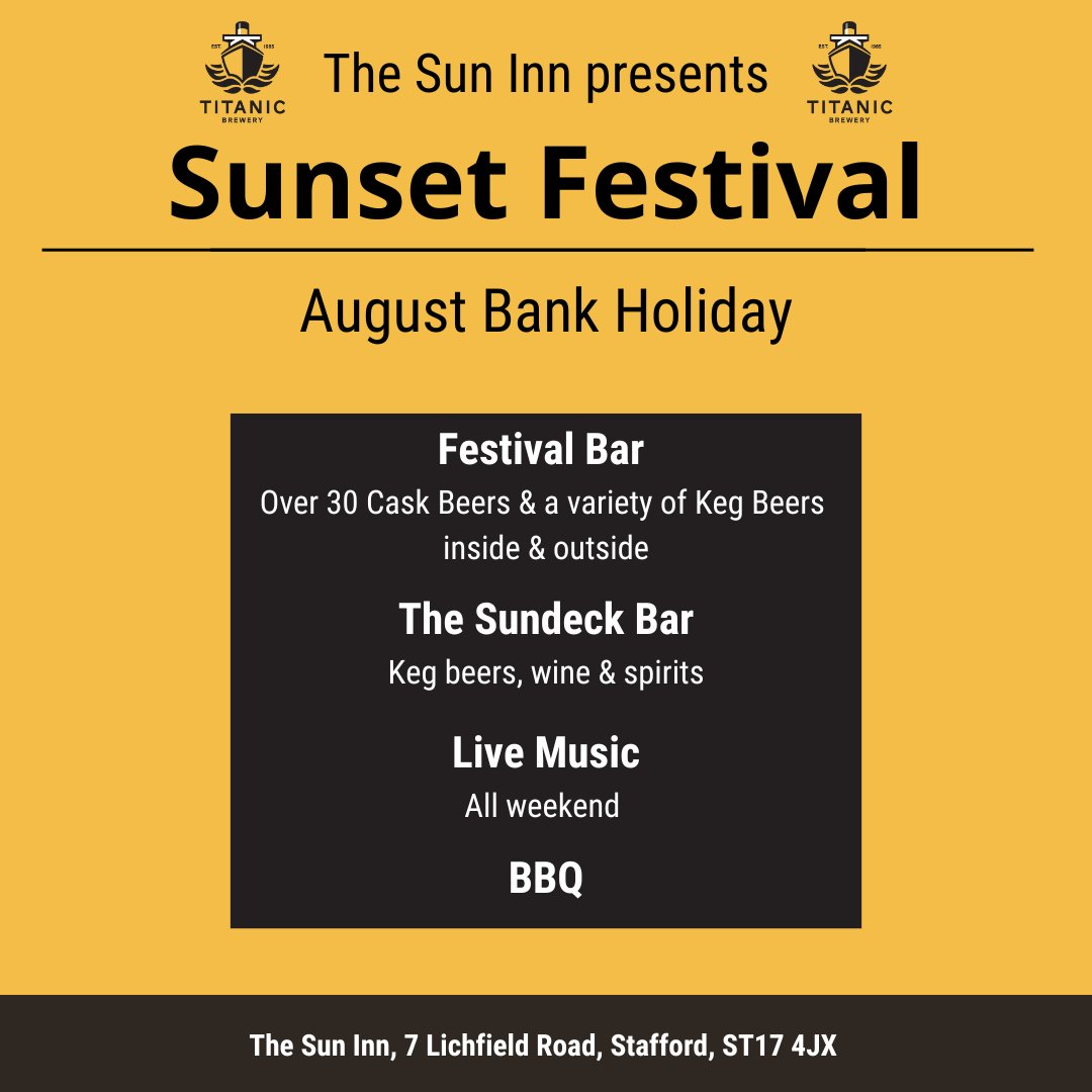 SAVE THE DATE!

The Sunset Festival returns this August Bank Holiday at The Sun

Expect great food, great live music and great beers! You won't want to miss it!

#festival #sunset #bankholiday