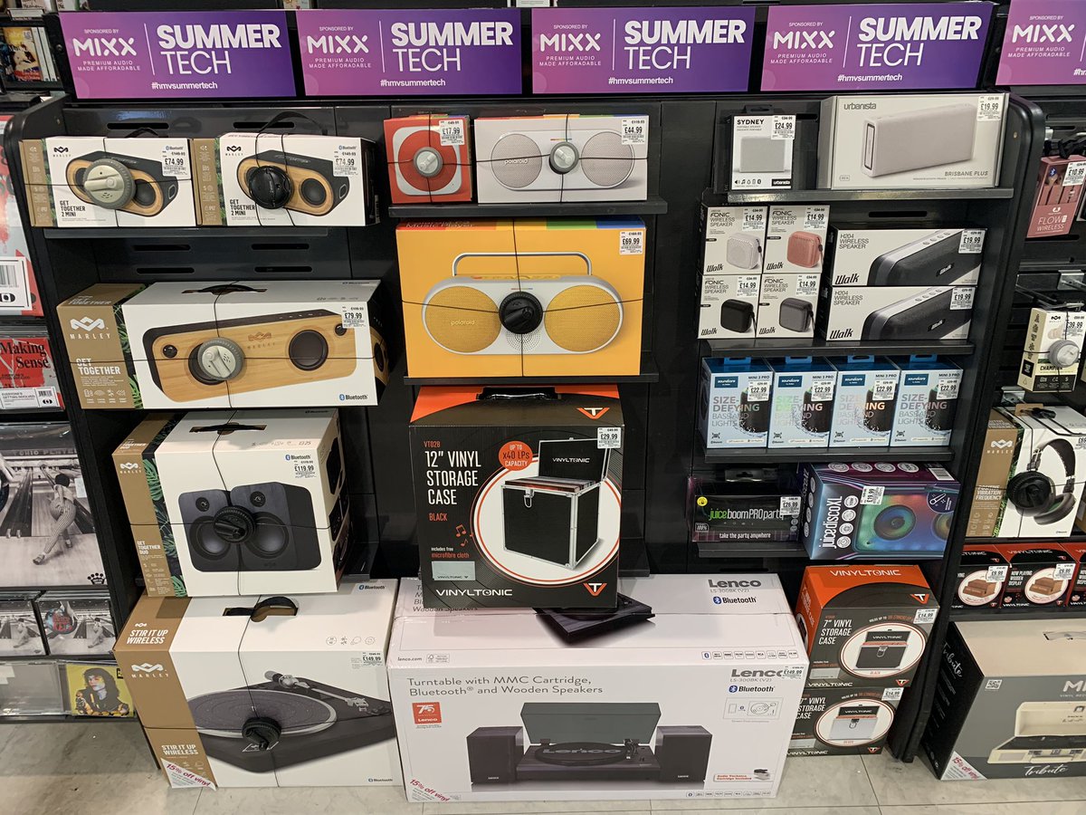 #hmvSummerTech as arrived,
You know what that means.
☀️☀️SUMMER HAS STARTED☀️☀️
MASSIVE SAVINGS 
On  #headphones #speakers #turntable’s and much more.
In-store &amp; online