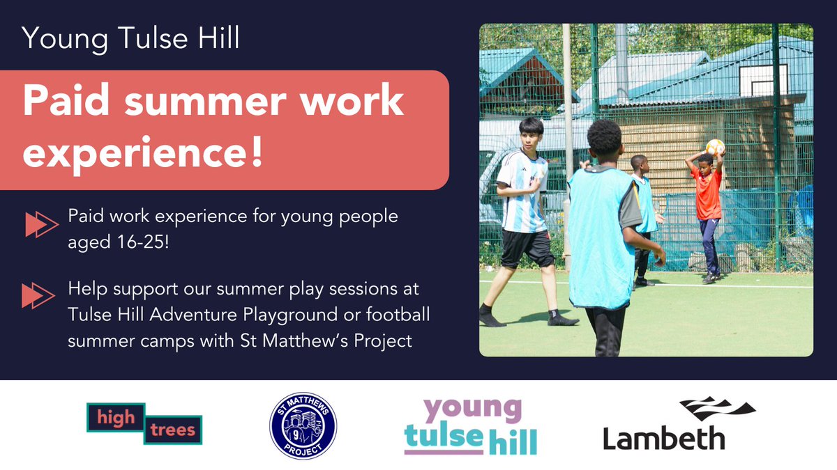 HighTreesCDT's tweet image. Looking for #paidworkexperience this summer? 🌞
📢 Open to young people aged 16-25

🔹 Help support our daytime adventure play programme: youth@high-trees.org
🔹 Assist in running the @smpbrixton summer football camp: l.dema@thesmp.net

Get in touch today! ⚽🛝