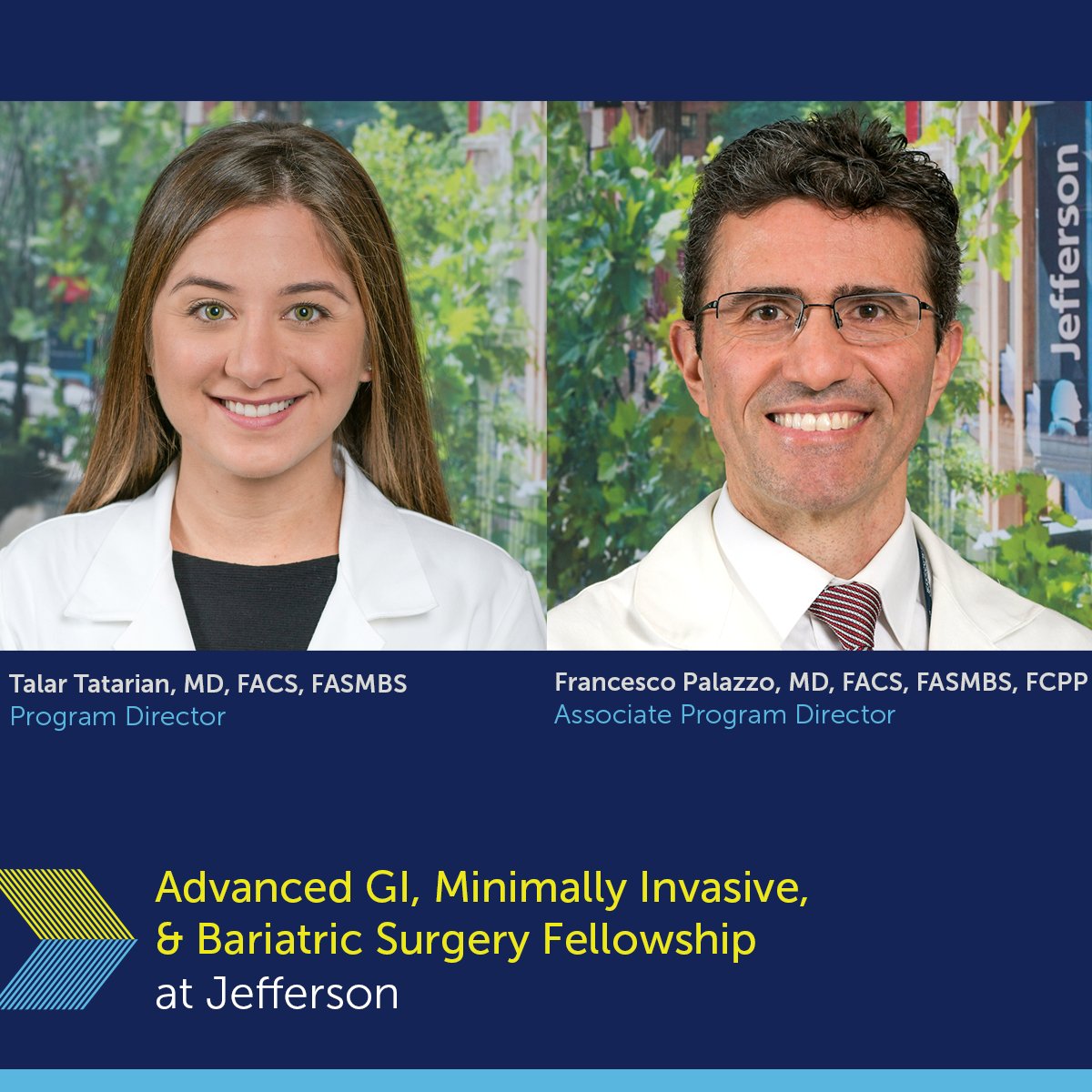 Jefferson Surgery (@jeffsurgery) on Twitter photo The program will be led by Drs. Talar <a href="/TatarianMD/">Talar Tatarian, MD</a> (Program Director) and Francesco <a href="/PalazzoMD/">Francesco Palazzo, MD, FACS</a>
(Assoc. Program Director).
➡️Visit our webpage for more information: bit.ly/JeffersonAdvGI… The program will be led by Drs. Talar <a href="/TatarianMD/">Talar Tatarian, MD</a> (Program Director) and Francesco <a href="/PalazzoMD/">Francesco Palazzo, MD, FACS</a>
(Assoc. Program Director).
➡️Visit our webpage for more information: bit.ly/JeffersonAdvGI…