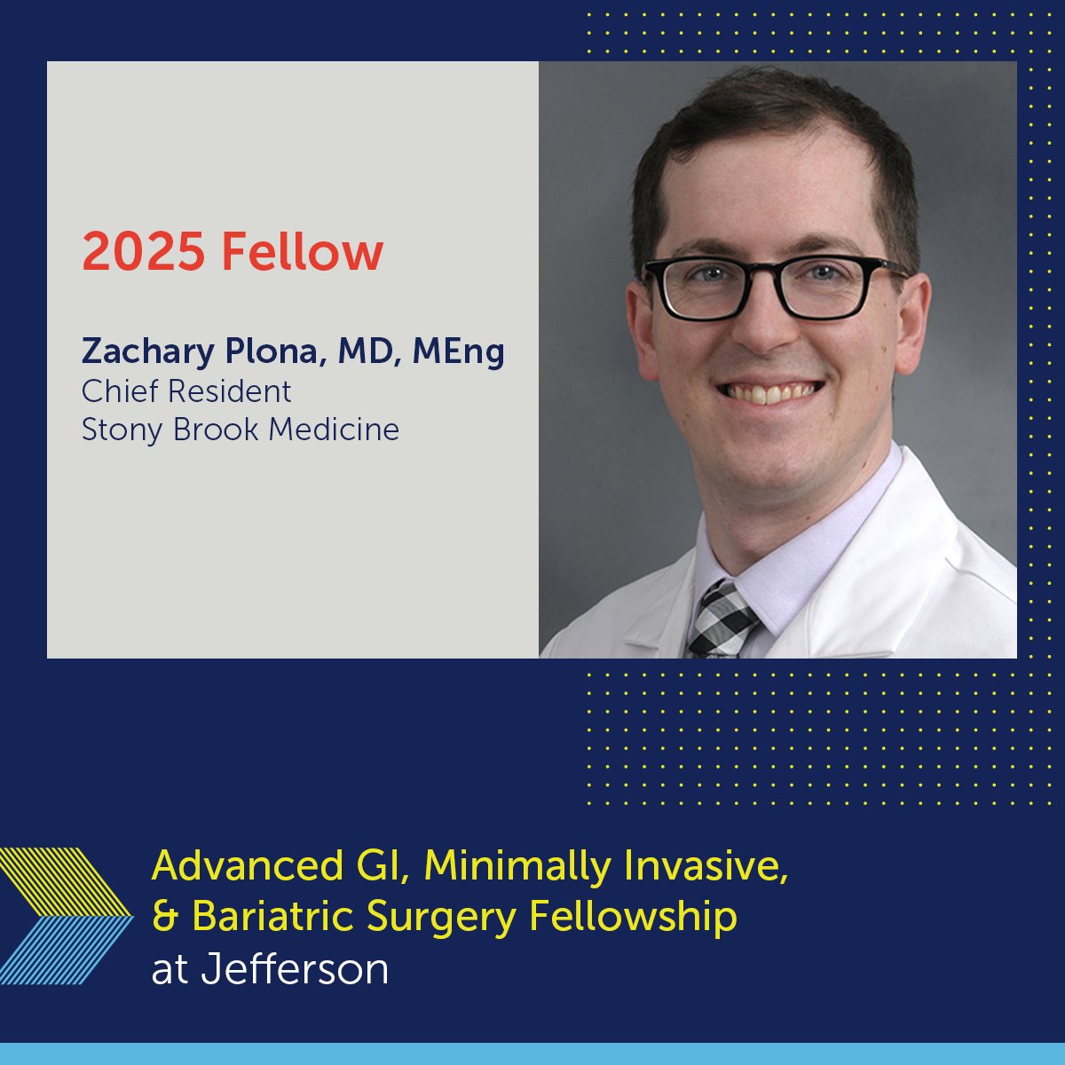 Jefferson Surgery (@jeffsurgery) on Twitter photo We are excited to have matched our first fellow for 2025-26, Dr. Zachary Plona - an alumnus of Sidney Kimmel Medical College <a href="/JeffersonUniv/">Thomas Jefferson University</a> ('19).
He also earned an MEng in Biomedical Engineering at <a href="/JHUBME/">Johns Hopkins BME</a> & is currently completing general surgery residency <a href="/StonyBrookMed/">Stony Brook Medicine</a> 👏 We are excited to have matched our first fellow for 2025-26, Dr. Zachary Plona - an alumnus of Sidney Kimmel Medical College <a href="/JeffersonUniv/">Thomas Jefferson University</a> ('19).
He also earned an MEng in Biomedical Engineering at <a href="/JHUBME/">Johns Hopkins BME</a> & is currently completing general surgery residency <a href="/StonyBrookMed/">Stony Brook Medicine</a> 👏