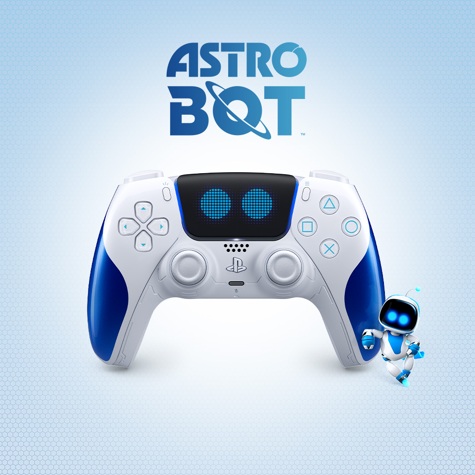 Astro leans against the DualSense controller - Astro Bot Limited Edition, which has Astro Bot-like eyes on the touchpad