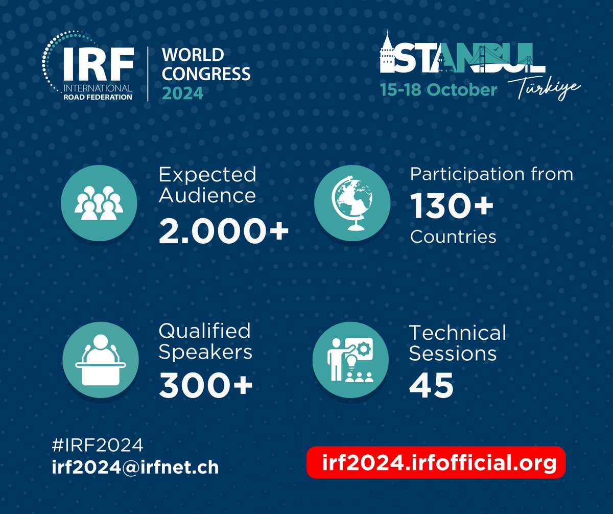 IRF®️ (Official Account) (@irfofficial_org) on Twitter photo 🚦 Have you marked your calendars yet? #IRF2024 is just 11 weeks away! Join us from 15-18 Oct in #Istanbul!
Register now👉 buff.ly/4evGZA7
For enquiries: irf2024@irfnet.ch📩
#IRFWorldCongress24
@Fond_Michelin | <a href="/TotalEnergies_F/">TotalEnergies Foundation</a> | <a href="/SWARCO_AG/">SWARCO</a> | <a href="/VITRONIC/">VITRONIC</a> | <a href="/egis/">Egis</a> | 🚦 Have you marked your calendars yet? #IRF2024 is just 11 weeks away! Join us from 15-18 Oct in #Istanbul!
Register now👉 buff.ly/4evGZA7
For enquiries: irf2024@irfnet.ch📩
#IRFWorldCongress24
@Fond_Michelin | <a href="/TotalEnergies_F/">TotalEnergies Foundation</a> | <a href="/SWARCO_AG/">SWARCO</a> | <a href="/VITRONIC/">VITRONIC</a> | <a href="/egis/">Egis</a> |
