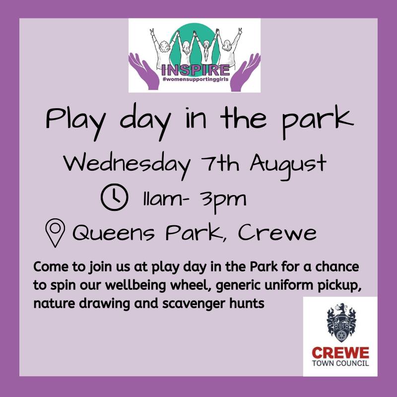 #Inspire will be at the Queens park on the 7th for #PlaydayInThePark, join us for family fun in the park!

@CreweTCouncil