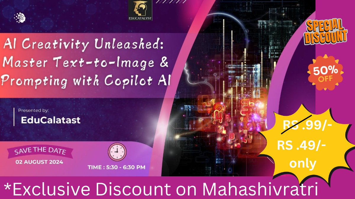 🎉Attention Educators
Join Our *August: EduCatalyst Extravaganza* - Online Workshop on Copilot AI

🚀AI Creativity Unleashed: Master Text-to-Image and Prompting with Copilot AI

📅 *Date*: 2nd August
🕒 *Time*: 5:30 PM - 6:30 PM IST
Visit for Details👇
facebook.com/share/p/6VfXBf…