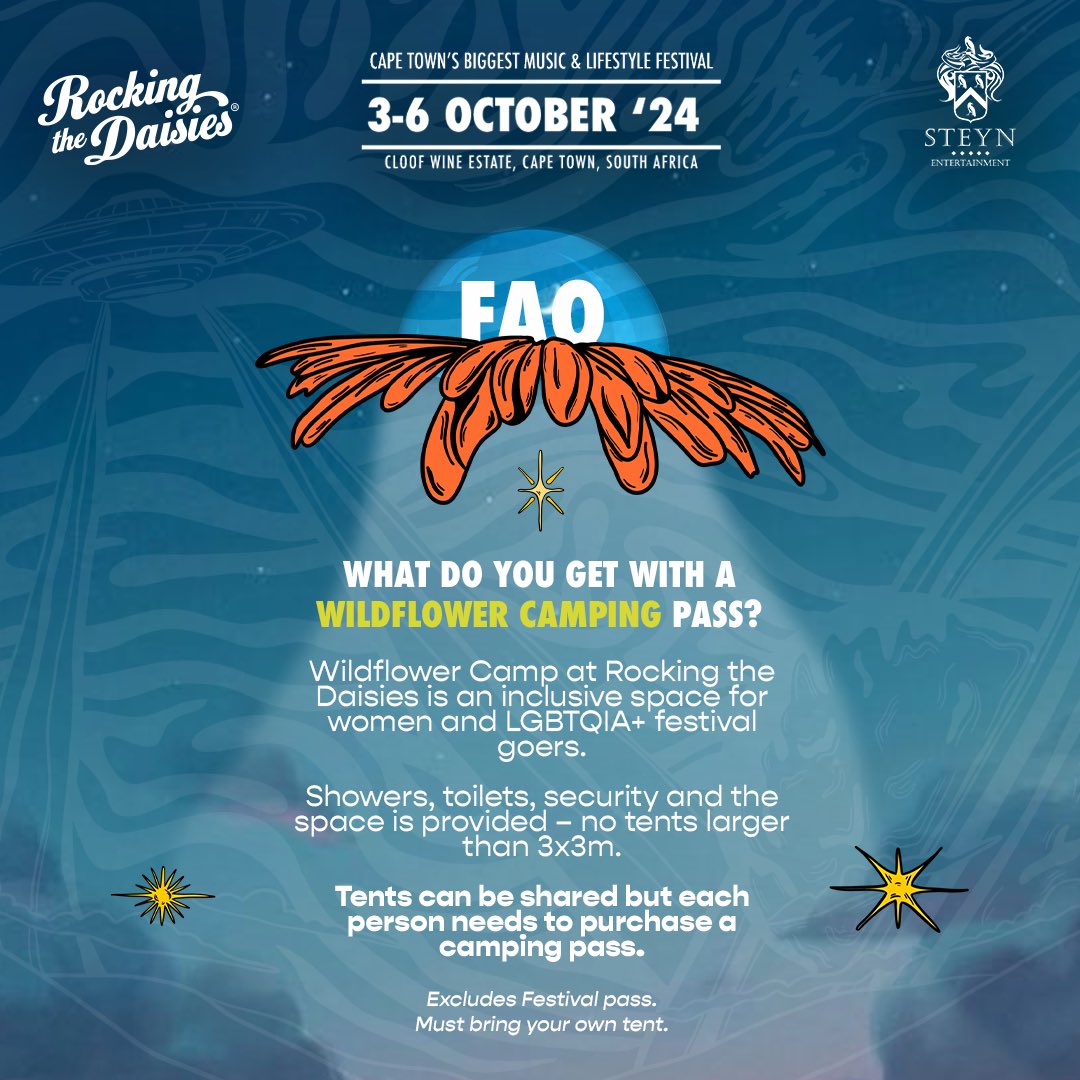 ⛺️ Ready to camp in the stars at Rocking the Daisies? We’ve got you covered!

Check out everything you need to know about your camping or Daisyland pass via our website. 🌼

#steynentertainment #daisies2024 #rockingthedaisies