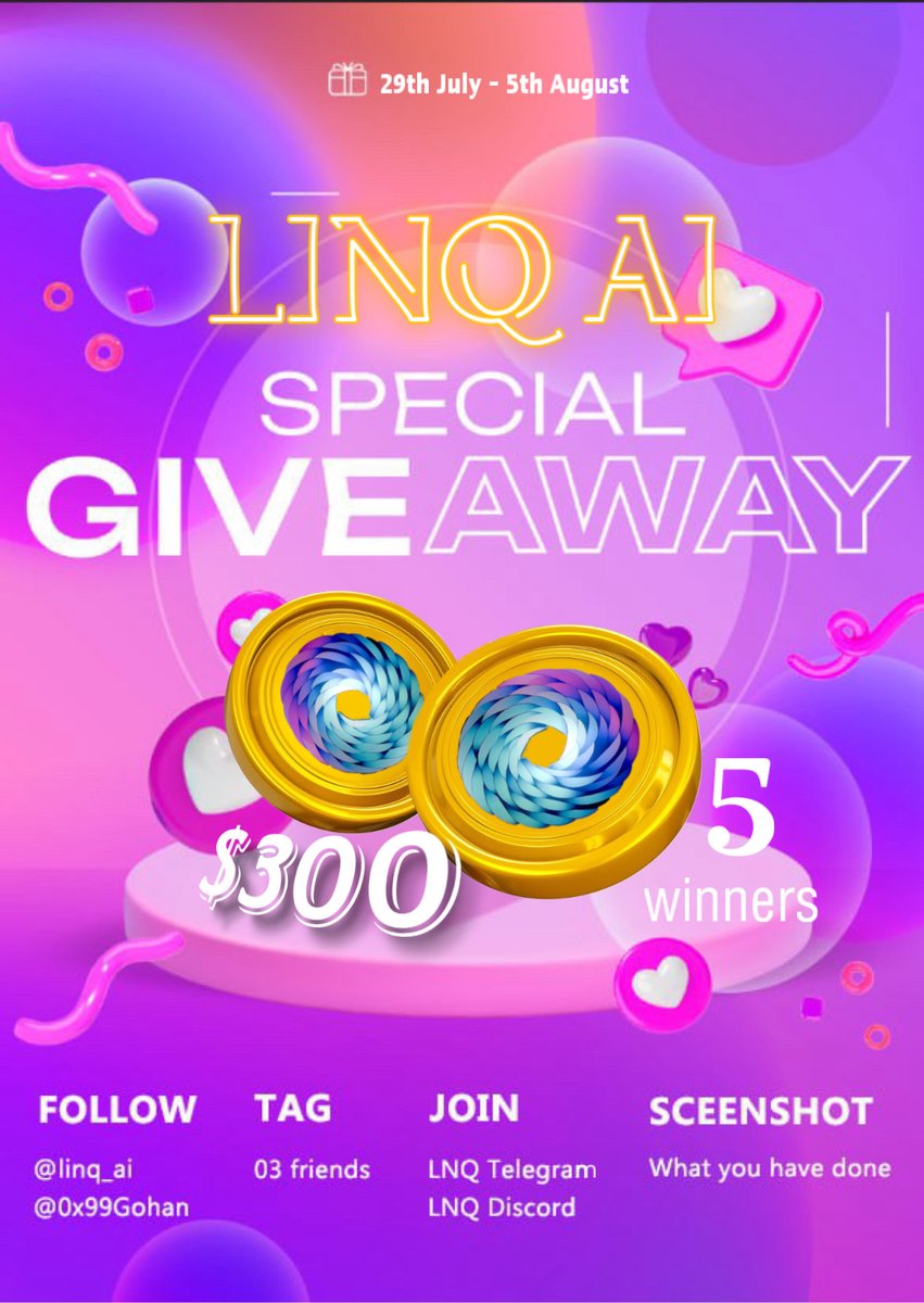0x99Gohan's tweet photo. ⚠️ GIVEAWAY ALERT ⚠️

Alright, today is going to be huge because you know what?

I'm doing a competition with @linq_ai and giving away $300 worth of $LNQ tokens to you chads!

❗Duration: 29th July to 5th August
❗Winners: 5 winners

➜ Keep in mind: $300 can become $3000 with $LNQ (Do some DYOR and you'll know why)

And yeah, as I've shared many times, $LNQ is one of the best picks in the #AI narrative for the upcoming true bull run, with many possible positive outcomes 👀

Well, I bet you're going to ask how to be eligible. It's so simple, just follow these steps below 👇

▸ Must follow @linq_ai and @0x99Gohan
▸ Repost this post!
▸ Must tag 3 friends
▸ Must join the LNQ Telegram: https://t.co/aD0URdFAKb
▸ Must join the LNQ Discord: https://t.co/Ju6bfCjGab
▸ Share screenshots of what you've done!

Simple, right? Let's get it!