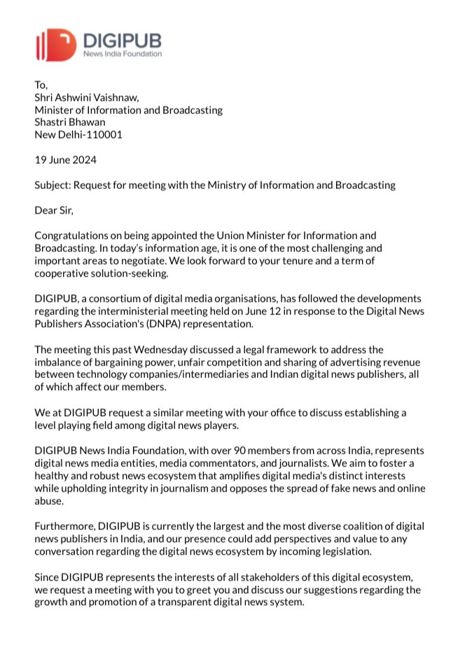 DigipubIndia's tweet image. DIGIPUB has written to @MIB_India and @AshwiniVaishnaw requesting a collaborative discussion on fostering a transparent and healthy digital news ecosystem. We hope to hear from them and have a meaningful engagement.