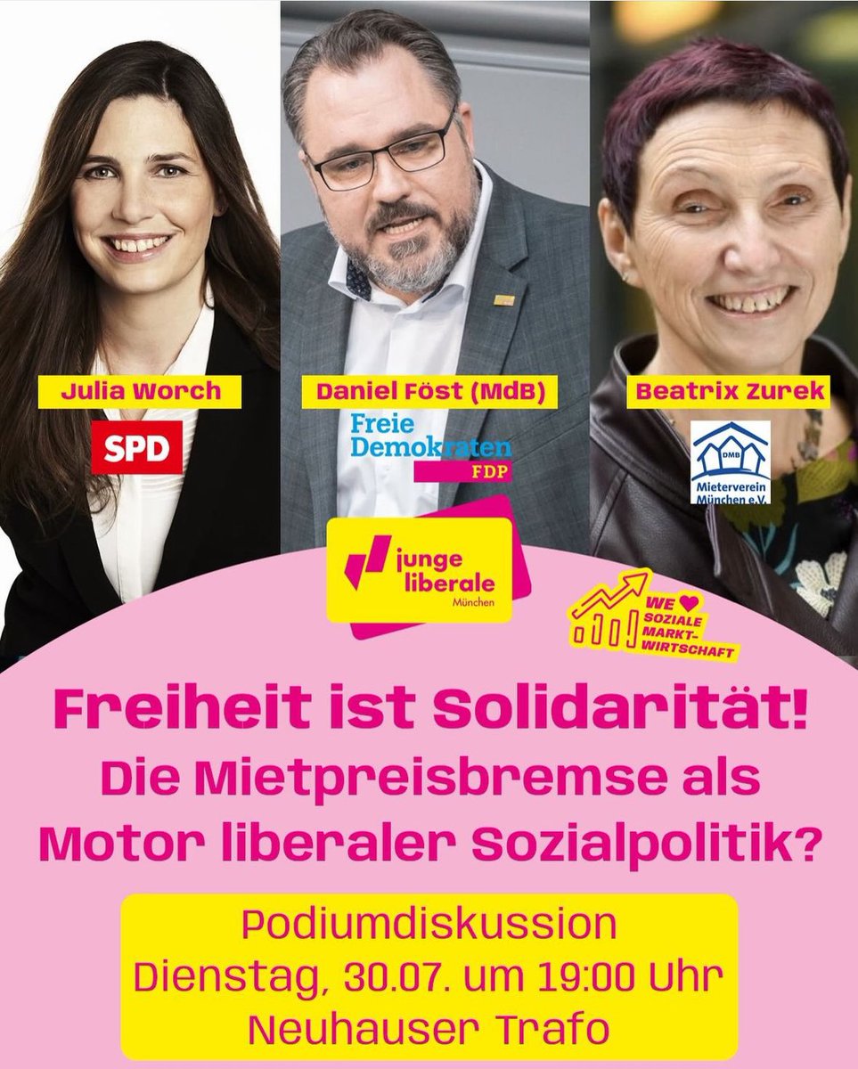 Julia Worch (@juliaworch) on Twitter photo Zum Thema #Mietpreisbremse gibt es morgen in #München eine spannende Diskussion!
Kommt vorbei, ich freue mich auf den Austausch mit <a href="/dfoest/">Daniel Föst</a>, <a href="/ZurekR/">Zurek Rek</a> und allen Anwesenden.
Vielen Dank für die Einladung <a href="/JuLisMuenchen/">JuLis München</a> ✌️ Zum Thema #Mietpreisbremse gibt es morgen in #München eine spannende Diskussion!
Kommt vorbei, ich freue mich auf den Austausch mit <a href="/dfoest/">Daniel Föst</a>, <a href="/ZurekR/">Zurek Rek</a> und allen Anwesenden.
Vielen Dank für die Einladung <a href="/JuLisMuenchen/">JuLis München</a> ✌️