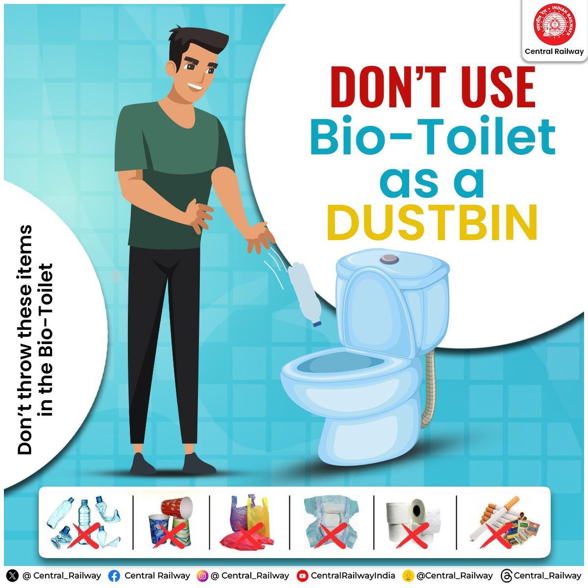 Central_Railway's tweet image. Use dustbins for litter, not bio toilets 
let's prevent clogs and keep our journey clean!

Together, we can ensure a smooth and sanitary trip!

#CentralRailway #CleanIndia
#BioToilets