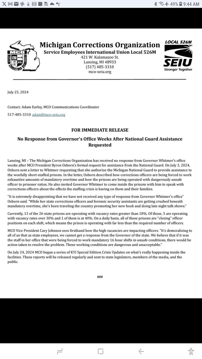 wflower2001's tweet photo. ๐งต "MCO Vice President Cary Johnson sees firsthand how the high vacancies are impacting officers. โItโs demoralizing to all of us that as state employees, we cannot get a response from the Governor of the state.
@GovWhitmer ๐ @LtGovGilchrist ๐
#bringBackGoodTimeCredits https://t.co/lWtV59DyyB