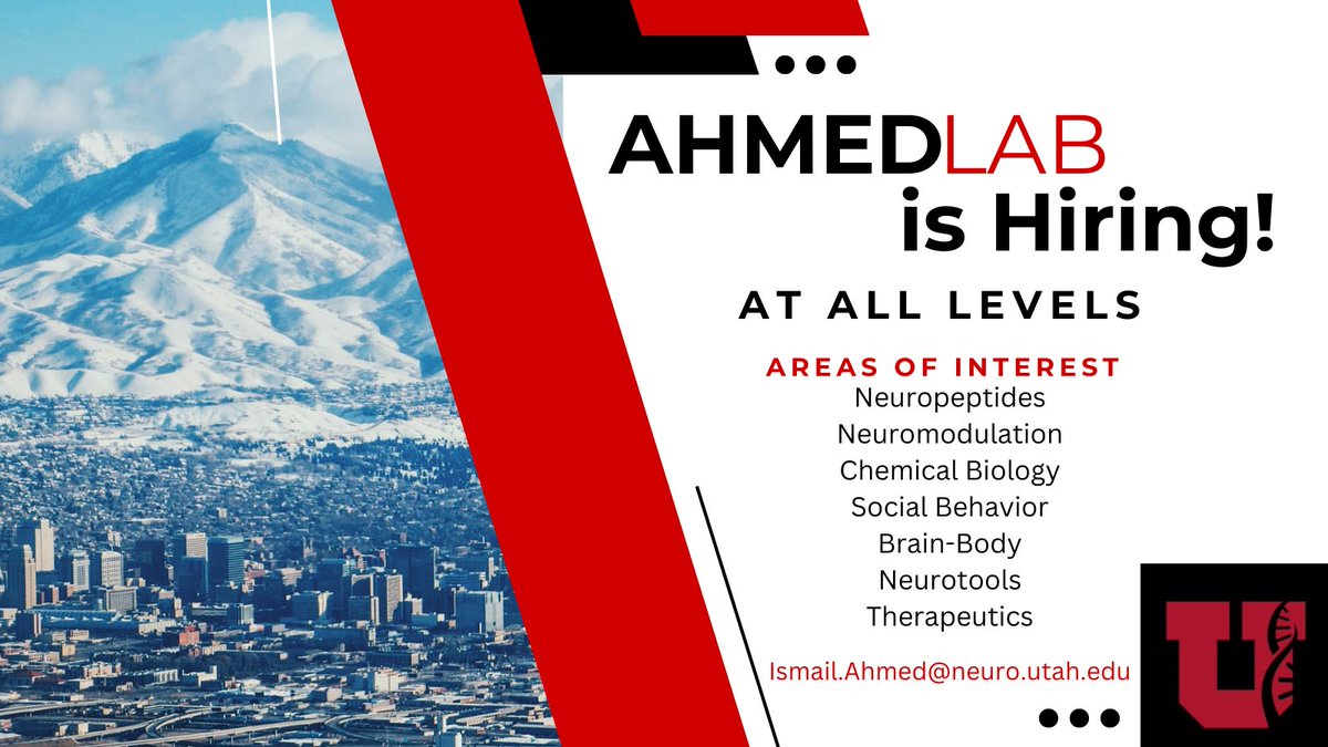 Ismail Ahmed (@iaahmed123) on Twitter photo 1/3 Exciting News! We're hiring at all levels immediately for our lab <a href="/UUNeurobiology/">U of Utah Department of Neurobiology</a> Join us in cutting-edge research at the intersection of neuroscience and chemical biology! We aim to explore how neuropeptides modulate behavior and physiology.
Pls RT! 1/3 Exciting News! We're hiring at all levels immediately for our lab <a href="/UUNeurobiology/">U of Utah Department of Neurobiology</a> Join us in cutting-edge research at the intersection of neuroscience and chemical biology! We aim to explore how neuropeptides modulate behavior and physiology.
Pls RT!