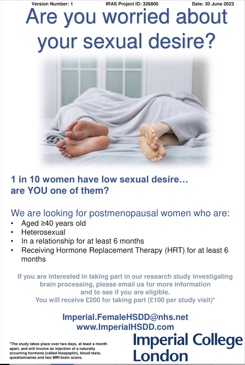 Shivani Misra (@shivanim_kc) on Twitter photo RT please
๐จOne of the excellent PhD fellows in my department <a href="/jtsoutsouki/">Jovanna Tsoutsouki</a> is looking for study volunteers ๐จ
If you're a post-menopausal woman on HRT you might be eligible...
The team are investigating the effects of the hormone kisspeptin on sexual desire in post-menopausal RT please
๐จOne of the excellent PhD fellows in my department <a href="/jtsoutsouki/">Jovanna Tsoutsouki</a> is looking for study volunteers ๐จ
If you're a post-menopausal woman on HRT you might be eligible...
The team are investigating the effects of the hormone kisspeptin on sexual desire in post-menopausal