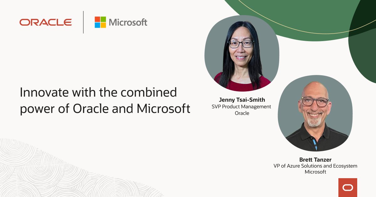 scrossoracle's tweet image. Join @Oracle&apos;s Jenny Tsai-Smith and Microsoft&apos;s Brett Tanzer as they share how Oracle Autonomous Database on Oracle Database@Azure offers new possibilities for organizations, IT, and developers running mission-critical multicloud applications. social.ora.cl/6012coz0s