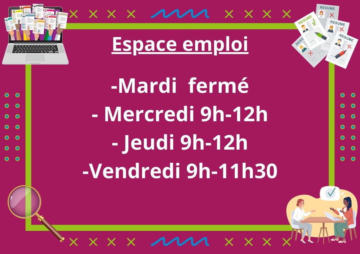 Horaires d'ouverture de l'espace emploi cette semaine :

Mardi : Fermé
Mercredi : 9h - 12h
Jeudi : 9h - 12h
Vendredi : 9h - 11h30
Nous vous attendons nombreux ! 🤝