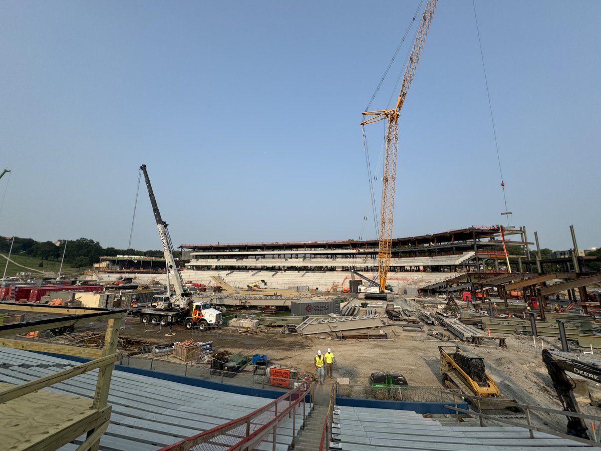 DohertySteel's tweet image. We are thrilled to share that the DSI team is making remarkable strides on the new David Booth Kansas Memorial Football Stadium! In just under 5 months, we  have fabricated over 4,500 tons of structural steel and erected it, along with 300 of the over 1,000 precast pieces.