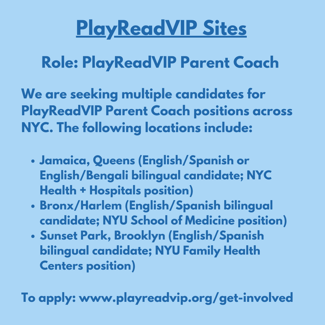 ⭐ We currently have multiple exciting opportunities to join our team at the PlayReadVIP National Center and at PlayReadVIP Sites! Visit playreadvip.org/get-involved to learn more, and apply! #hiring #ECDprofessionals #earlyliteracy #nycjobs