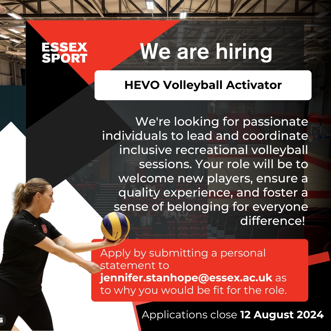 Essex Sport (@essex_sport) on Twitter photo We Are Hiring a Volleyball Activator!
To apply submit a personal statement outlining why you would be a great fit for this role to jennifer.stanhope@essex.ac.uk.
linktr.ee/essexsport
Application Deadline: 12 August 2024
#EssexSport | #UniversityofEssex We Are Hiring a Volleyball Activator!
To apply submit a personal statement outlining why you would be a great fit for this role to jennifer.stanhope@essex.ac.uk.
linktr.ee/essexsport
Application Deadline: 12 August 2024
#EssexSport | #UniversityofEssex