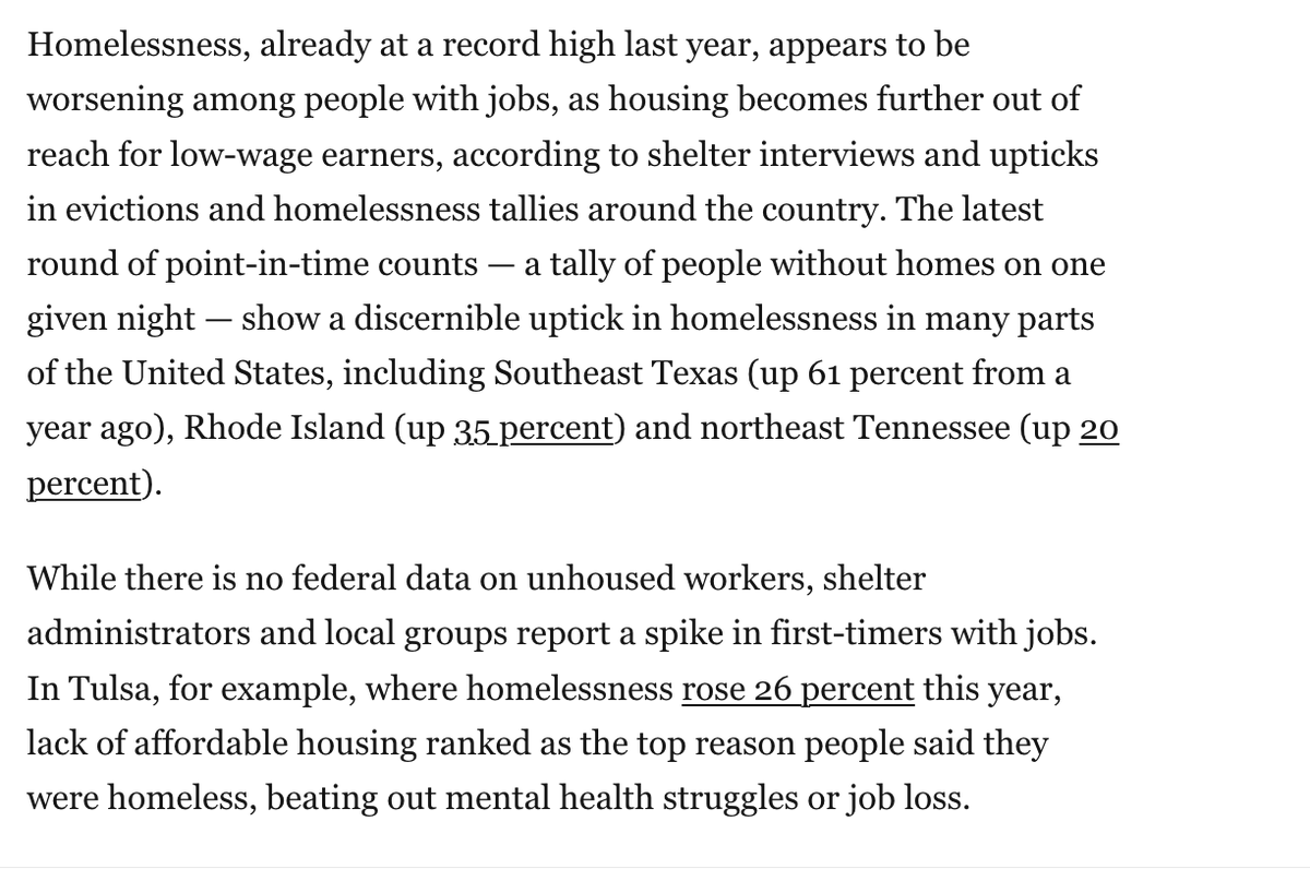 Important story: Homelessness in the USA was the highest ever on record in 2023.

In 2024, homeless shelters and services are seeing an uptick in people WITH JOBS who are living in cars, etc.

Low-wage workers can't afford rent.