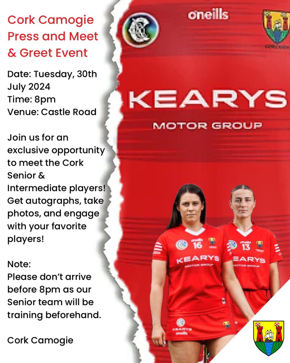 Press and Meet &amp; Greet Launch Announcement

Cork Camogie is excited to announce a special event where fans and media can meet our talented Cork Senior &amp; Intermediate players!  

Event Details:
Date: Tuesday, 30th July 2024
Venue: Castle Road
Time: 8pm

 Thank you, 
 Cork Camogie