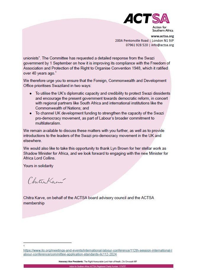 Today ACTSA has written to <a href="/DavidLammy/">David Lammy</a> requesting attention and action on the worsening political situation in #Swaziland

Recent years have seen rising repression of pro-democracy activists and civil society leaders by the government of King Mswati III: actsa.org/swaziland-acts…
