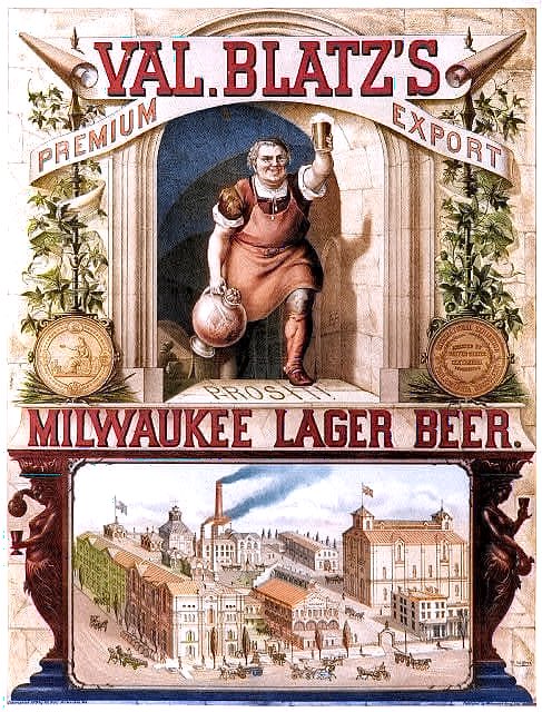 Print of advertisement for Val. Blatz’s Milwaukee Lager Beer showing a brewer raising a glass of beer, and a bird’s-eye view of the brewery, from July of 1879. 

Source: LOC
