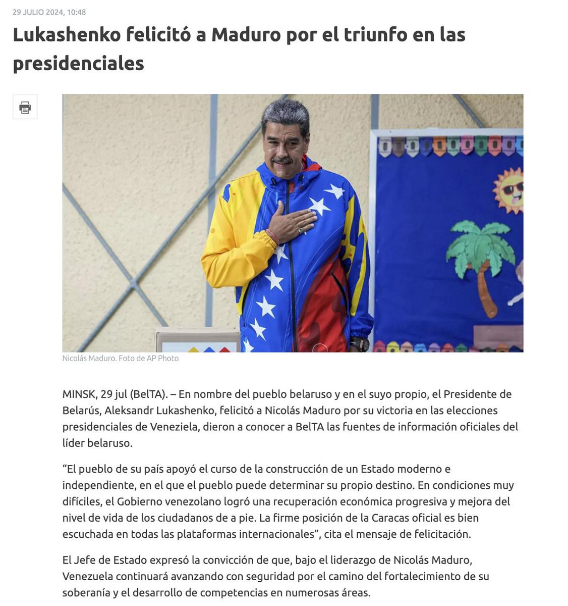 Yvan Gil (@yvangil) on Twitter photo Agradecemos al Presidente de Belarús, Aleksandr Lukashenko, por reconocer la voluntad soberana del pueblo venezolano, manifestada en las urnas, y su derecho a decidir su propio destino. Asimismo, hemos hecho llegar sus felicitaciones al Presidente <a href="/NicolasMaduro/">Nicolás Maduro</a> por la reelección Agradecemos al Presidente de Belarús, Aleksandr Lukashenko, por reconocer la voluntad soberana del pueblo venezolano, manifestada en las urnas, y su derecho a decidir su propio destino. Asimismo, hemos hecho llegar sus felicitaciones al Presidente <a href="/NicolasMaduro/">Nicolás Maduro</a> por la reelección