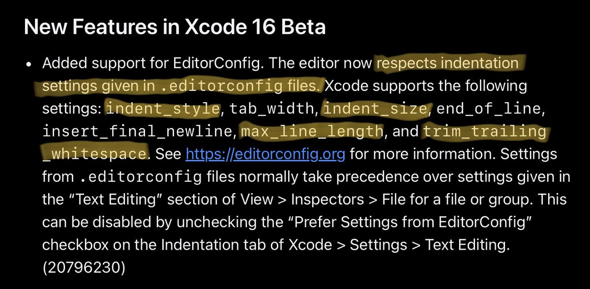 Jeehut's tweet image. This .editorconfig file should be added to every single #SwiftPM repo out there! 👇
gist.github.com/Jeehut/e5b7559…
It ensures that in Xcode 16+ everyone editing the package will get the same indentation settings avoiding mismatches with their global settings. 🥳
Add it now! 💯 #iOSDev