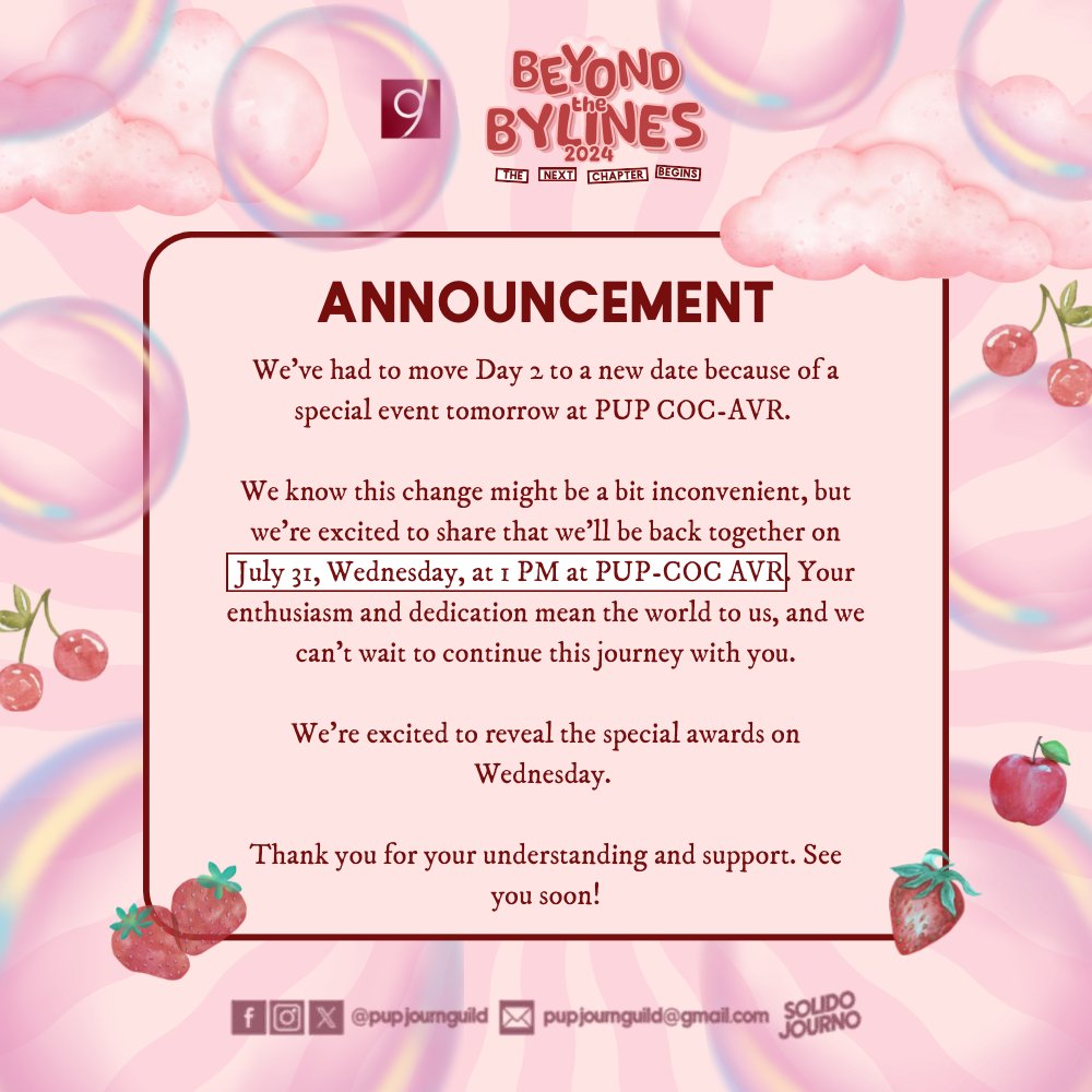 pupjournguild's tweet photo. 𝗔𝗡𝗡𝗢𝗨𝗡𝗖𝗘𝗠𝗘𝗡𝗧!

The much-awaited awarding ceremony of Journalism Media Fest's Beyond the Bylines 2024: The Next Chapter Begins 𝗵𝗮𝘀 𝗯𝗲𝗲𝗻 𝗺𝗼𝘃𝗲𝗱 𝗼𝗻 𝗝𝘂𝗹𝘆 𝟯𝟭, 𝗪𝗲𝗱𝗻𝗲𝘀𝗱𝗮𝘆.

Read the full announcement below. https://t.co/86gt34YarN