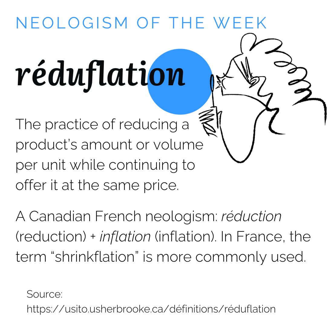 EneoliCost's tweet image. 📢 🌟 Neologism Tuesday!  Have you ever heard of RÉDUFLATION? 💸📊
Mainly used in Canada, this French blend refers to the recently widespread practice of reducing a product’s size or volume per unit while continuing to sell it for the same price. 🎈📈✨#eneoli #neologismtuesday