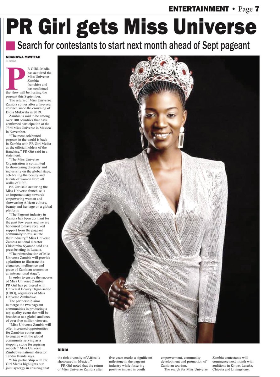 PRGirlMedia's tweet photo. Thanks to our colleagues in print media for the amazing coverage of the return of Miss Universe Zambia! 📰
@zadama24 @DailyNationZM @Newsdiggers @timesofzambia
#PRgirl2024 #PRgirlMedia #MissUniverseZM #MissUniverse2024 #RoadToMexico #BeautyPageant #Tourism #Culture #Arts https://t.co/m84x7m2SZK