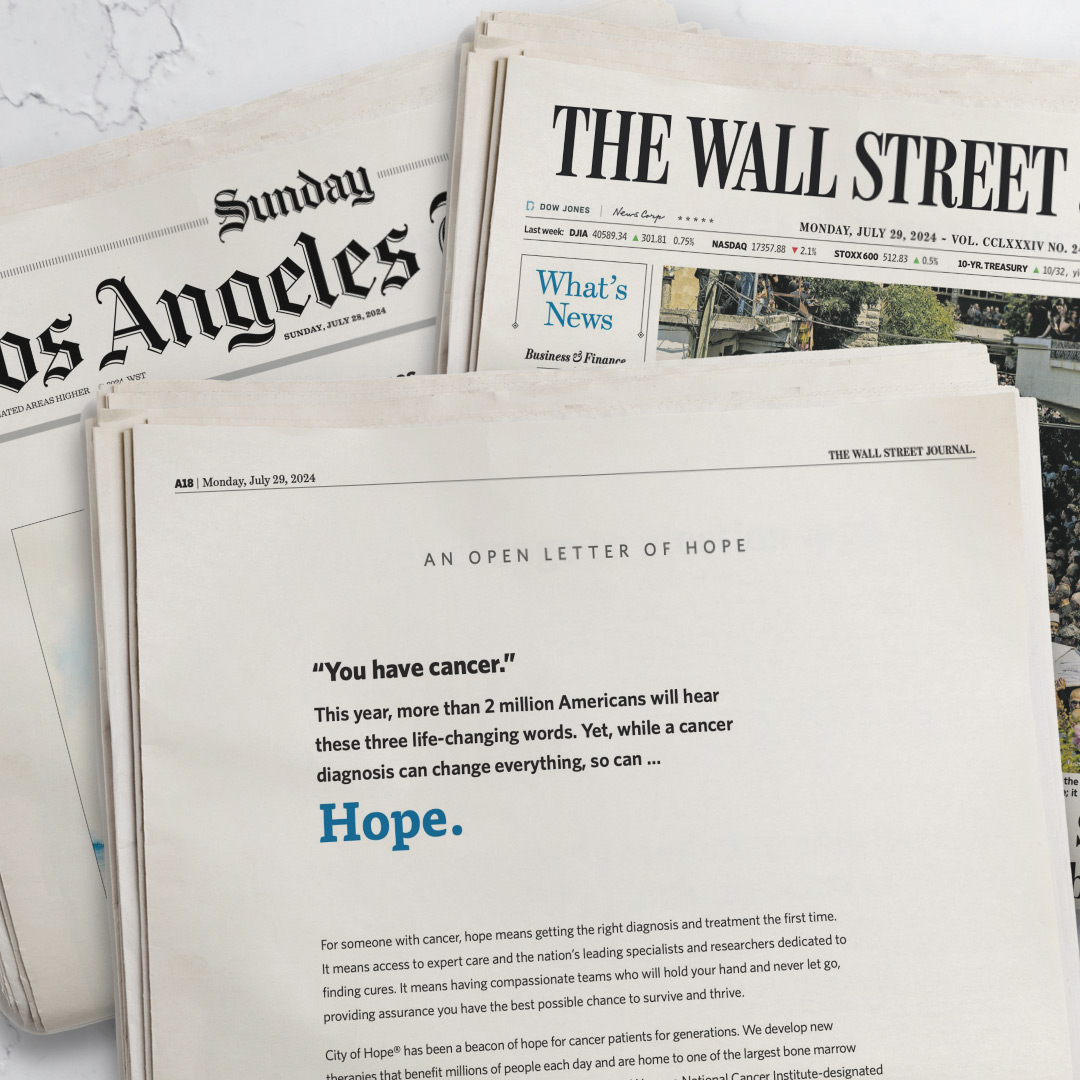 City of Hope (@cityofhope) on Twitter photo Today, CEO Robert Stone shared an Open Letter of Hope in the <a href="/latimes/">Los Angeles Times</a> and <a href="/WSJ/">The Wall Street Journal</a> highlighting our top 5 ranking by <a href="/usnews/">U.S. News & World Report</a> and thanking everyone helping make hope a reality for more people.
Read the full letter: bit.ly/4fokBcq Today, CEO Robert Stone shared an Open Letter of Hope in the <a href="/latimes/">Los Angeles Times</a> and <a href="/WSJ/">The Wall Street Journal</a> highlighting our top 5 ranking by <a href="/usnews/">U.S. News & World Report</a> and thanking everyone helping make hope a reality for more people.
Read the full letter: bit.ly/4fokBcq