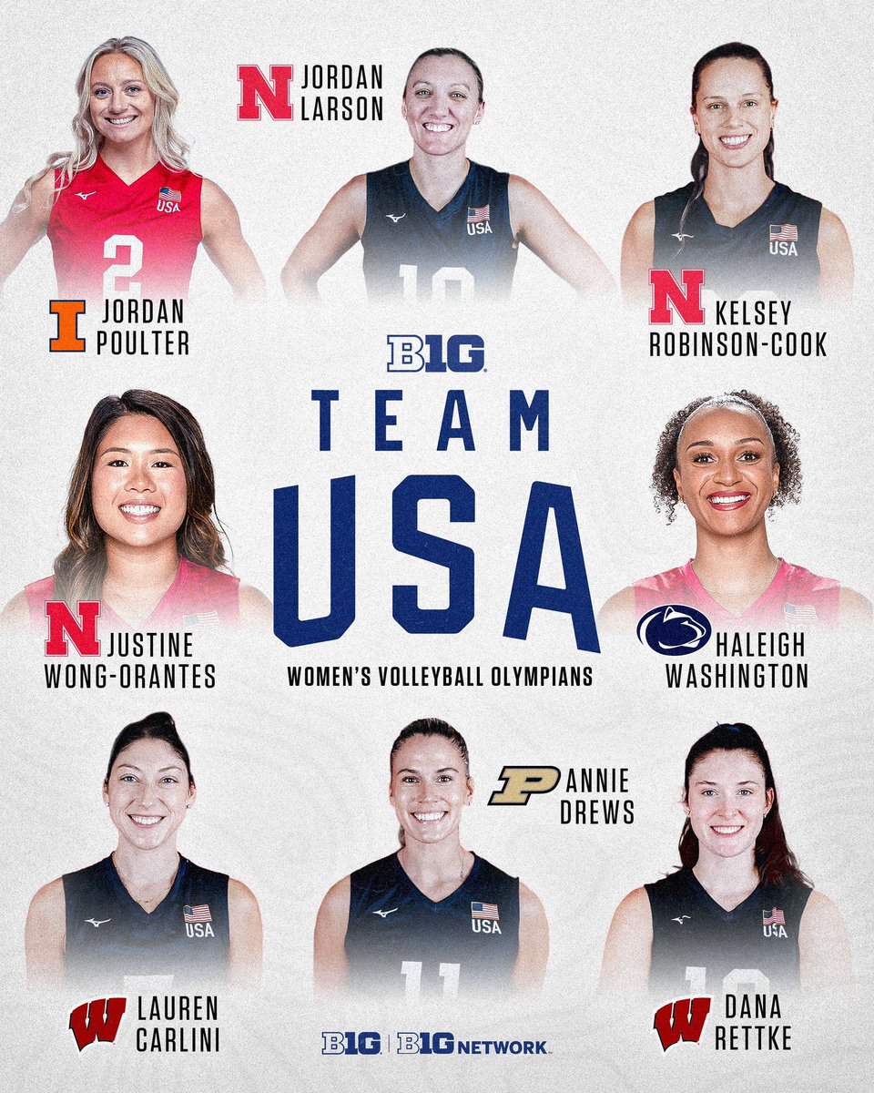 Today’s a B1G day for these <a href="/bigten/">Big Ten Conference</a> alums 🤩

Here’s the squad representing <a href="/usavolleyball/">USA Volleyball</a> ⬇️

#B1GVolleyball x #OlympiansMadeHere