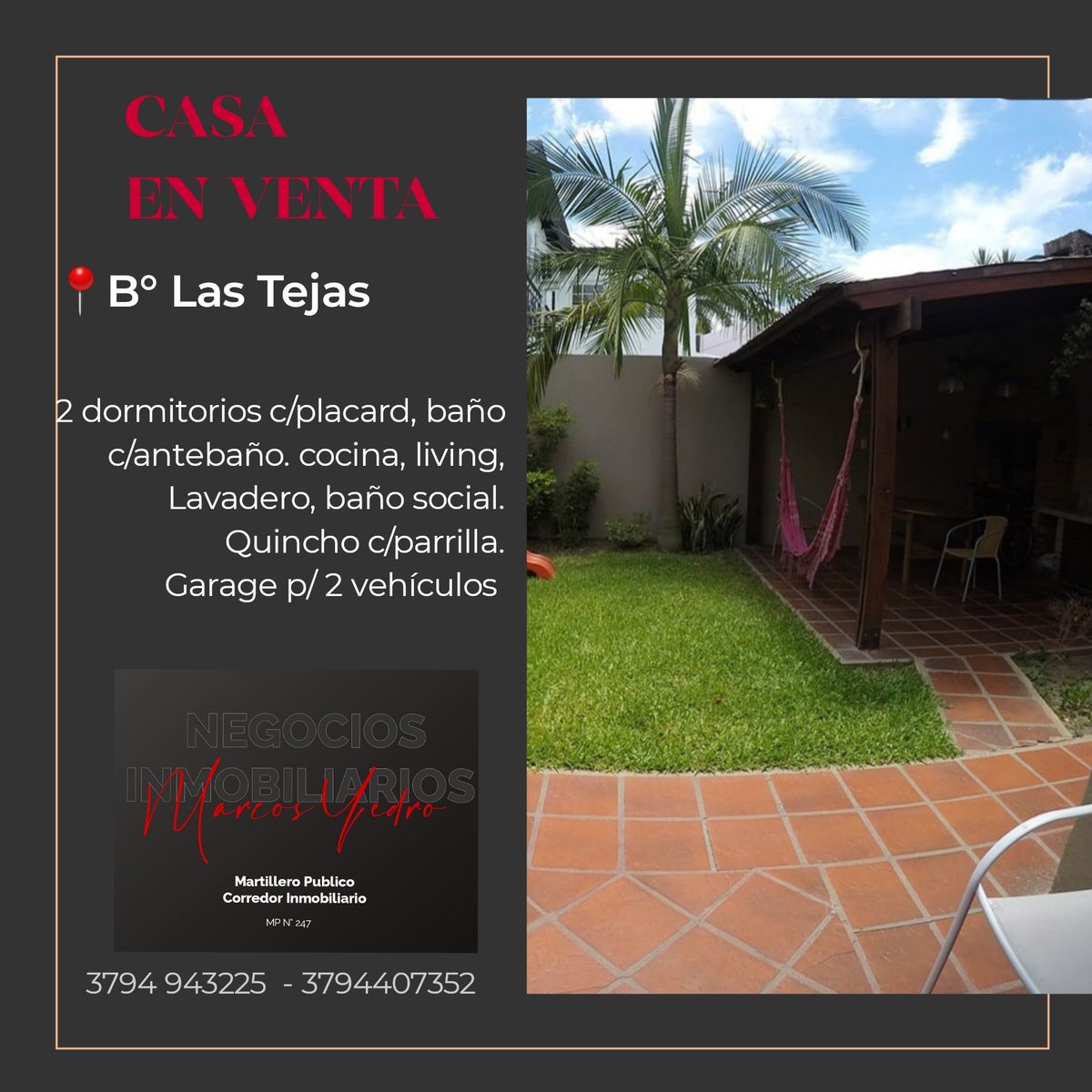 YedroNegocios's tweet photo. Comercializa:𝑴𝒂𝒓𝒄𝒐𝒔 𝒀𝒆𝒅𝒓𝒐 Negocios Inmobiliarios 
𝑴𝑷 257
Junin 1336. Oficina 117 

📞3794 943225 -  3794 407352 

#MarcosYedro #NegociosInmobiliarios #Tasador #MartilleroPublico #inversiones #YedroInmobiliaria #departamentos #inversion #inversionSegura #propiedades https://t.co/EyYqyvitp5