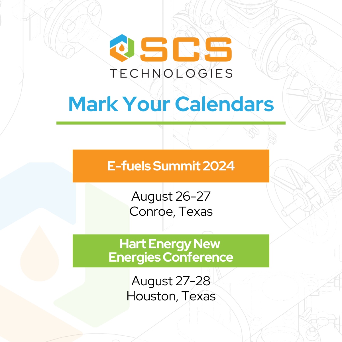 SCS_Tech's tweet image. We plan to attend key industry events in August: E-fuels Summit on Aug. 26-27 in Conroe, TX, and Hart Energy New Energies Conference on Aug. 27-28 in Houston, TX.

We hope to see you there.

#scstechglobal