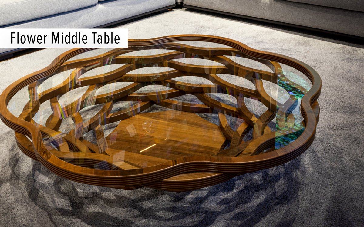 nuveraconcept's tweet photo. Introducing the Flower Middle Table! Crafted with walnut veneered MDF &amp; sleek glass, this stylish &amp; durable piece elevates any space. Add sophistication to your decor!

#FurnitureDesign #WalnutWood #GlassTable #ModernHome #FlowerMiddleTable #HomeInspo https://t.co/DzsR5ZTy2b