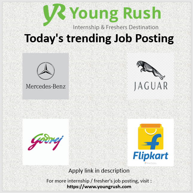 youngrushindia's tweet photo. Today's trending Internship &amp; Fresher's Job Postings:

Mercedes Benz : https://t.co/lpMPw7rJAr
Jaguar : https://t.co/45E0kJpfGW
Godrej Industries : https://t.co/Ms73uDeLMU
Flipkart : https://t.co/8db6ihQyiF

#youngrush #internships #freshers #hiring https://t.co/o6iumwQ4ec