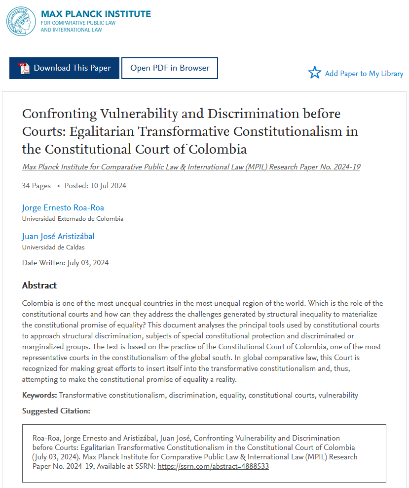 MPILheidelberg's tweet image. In #Mpil Research Paper Series Nr 2024-19 Jorge Ernesto Roa-Roa and @juanjaristizaba analyse the @CConstitucional tools to address structural discrimination.
#TransformativeConstitutionalism
#structuraldiscrimination
👉is.gd/iR47XN