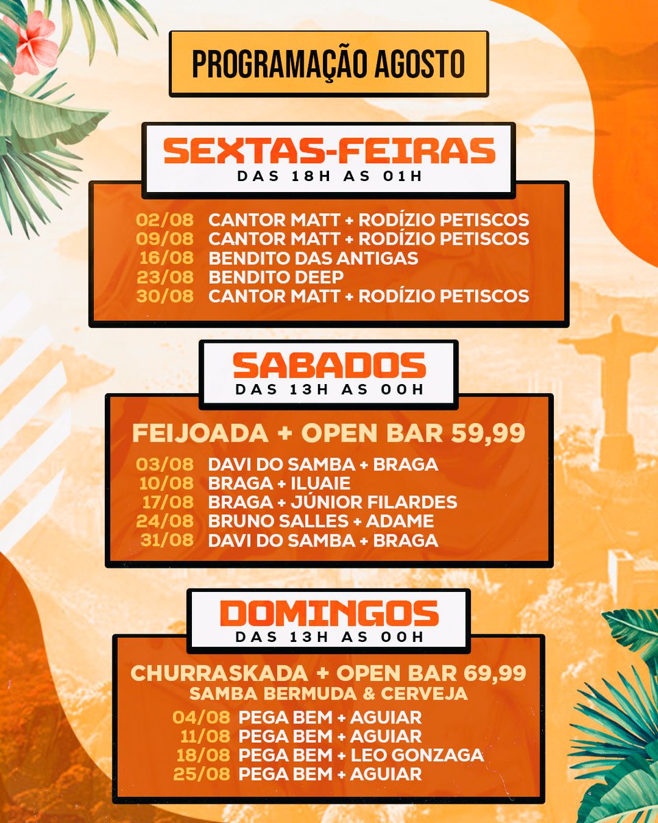 PROGRAMAÇÃO AGOSTO • #VemProBendito

Comemore o seu aniversário aqui!🎉
Entre em contato pelo nosso WhatsApp:
📲 (21) 99536-2747 

⚽️Transmissão dos jogos ao vivo.
💛Espaço Kids

📍Av. Prudente de Moraes, 575 - Vila São Luís. Duque de Caxias.