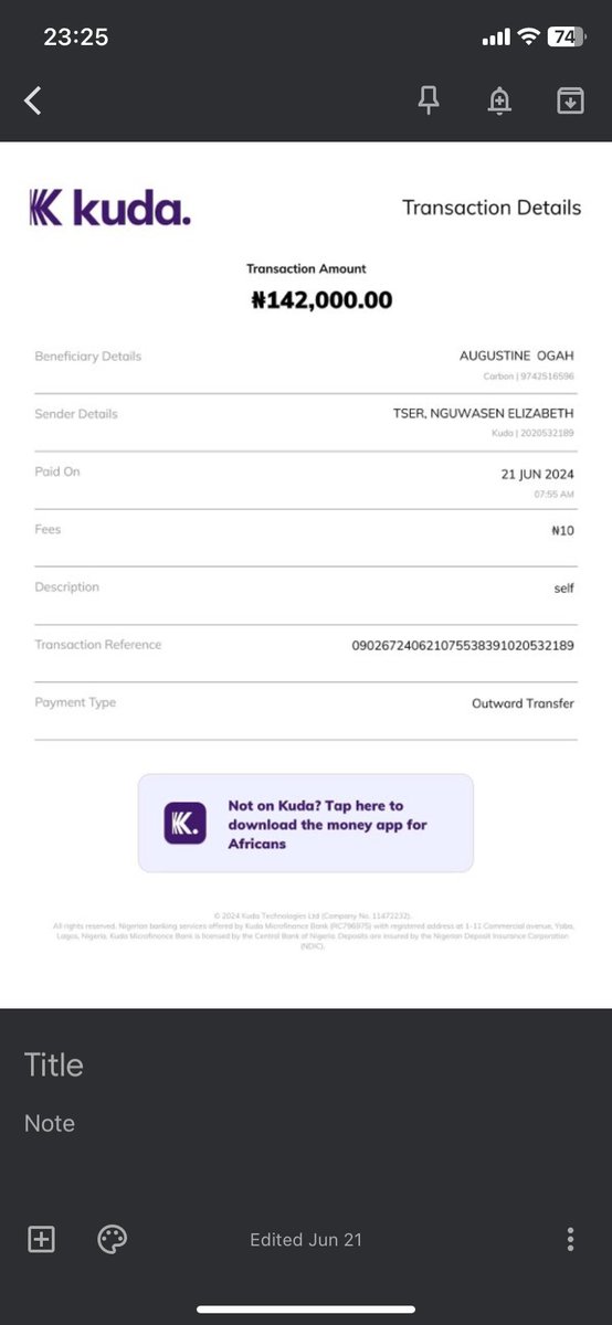 TserElizabeth's tweet image. On Friday, 21st June, 2024, at 7:55AM my entire  savings that I was getting together, #142,000 was transferred out of my KUDA @joinkuda   account, without  my authorization. 😭😭 I’ve been thinking of  tweeting this for so long...👇🏾