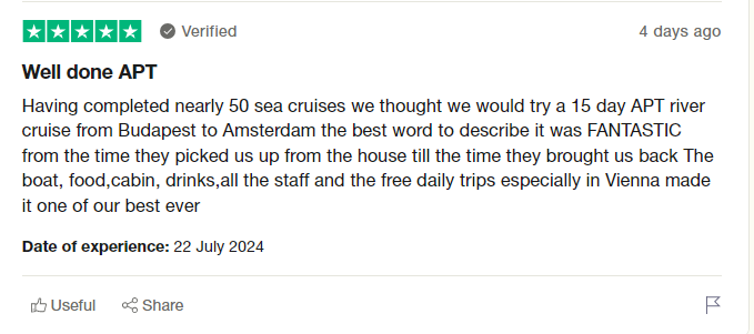 😎 Did you know that APT are rated 4.5 stars (Excellent) on Trustpilot!

I love this review, as it shows that even if you're an Ocean Cruiser, you'd enjoy an APT river cruise too!

If you require any help in growing your APT sales, please get in touch with me!

#TheAPTDifference