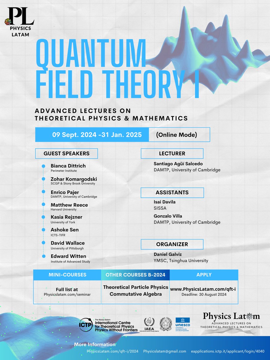 ⚠️Quantum Field Theory course 2024!  

Learn about the fundamental building block of matter and interactions. This course will give you the knowledge you need to pursue a career in HEP.  
Amazing Guest Speakers!  

Website physicslatam.com/qft-i
Apply e-applications.ictp.it/applicant/logi…