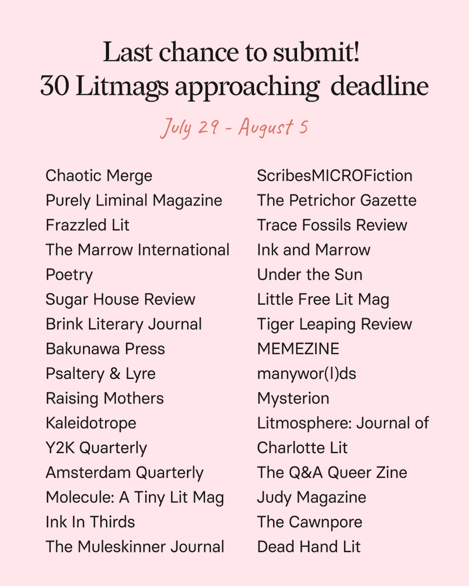 WHERE TO SUBMIT THIS WEEK. 

End of the month means lots of closings so we focused on those 🙂

Sub deets:   bit.ly/m/ChillSubs