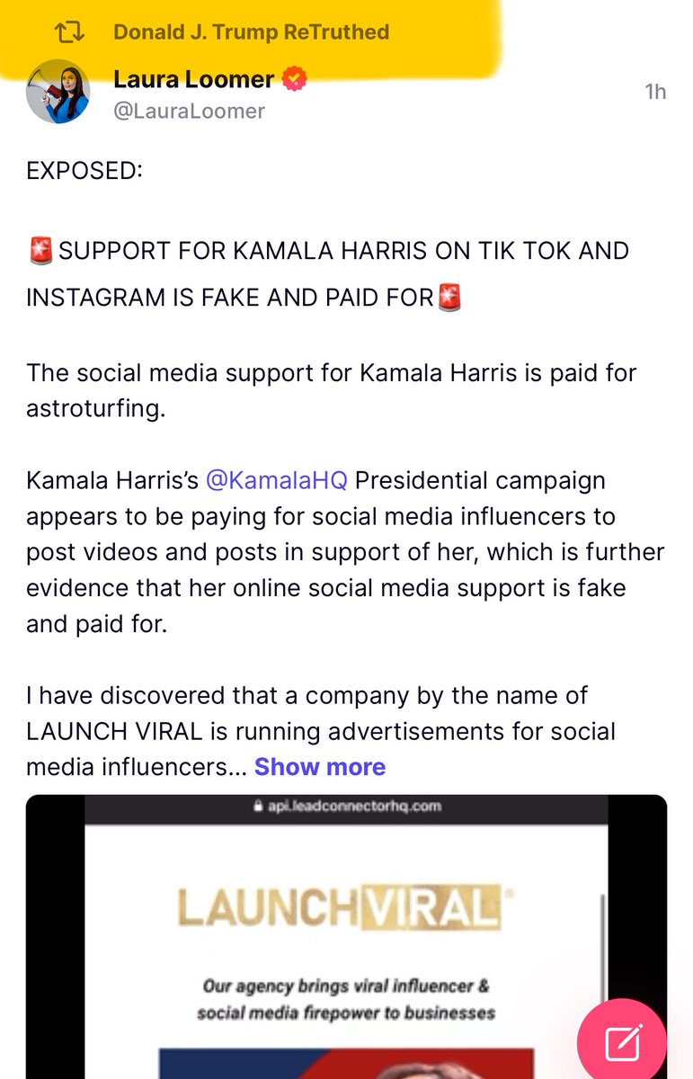 BREAKING: 

President Trump just shared and reposted my expose about how <a href="/KamalaHarris/">Kamala Harris</a> Kamala Harris is paying social media influencers to post in support of her campaign to deceptively create the illusion that she has grassroots support on Tik Tok and Instagram! 

Thank you,