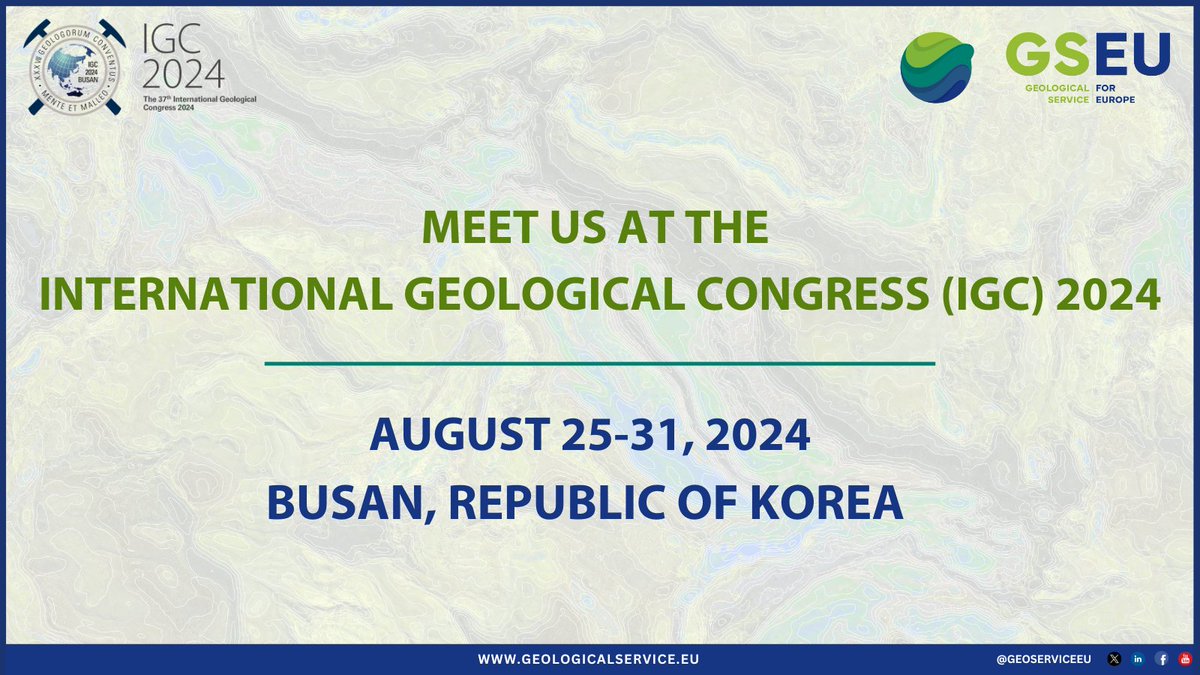 GeoServiceEU's tweet image. #GSEU will attend the 37th International Geological Congress, #IGC2024, organised by @theIUGS and held in Busan, Korea. #GSEU will participate in sessions and share its pan-European geological goals🌍! Look for us at the @EuroGeoSurveys-@BRGM_fr-#BGR booth (G16-18).
#EGSatIGC