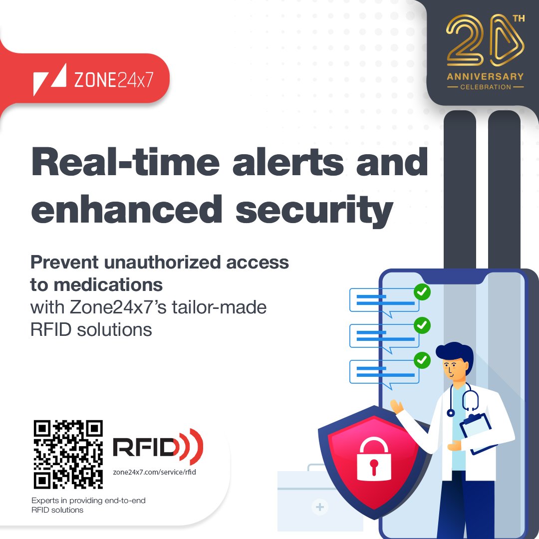 Zone24x7's tweet image. Ensure medication safety and prevent discrepancies with real-time alerts for unauthorized access using #Zone24x7&apos;s end-to-end #RFID solutions.

Let us transform your hospital operations. Schedule a meeting.

#rfidsolutions #rfidtechnology #rfidinhealthcare #HealthcareInnovation
